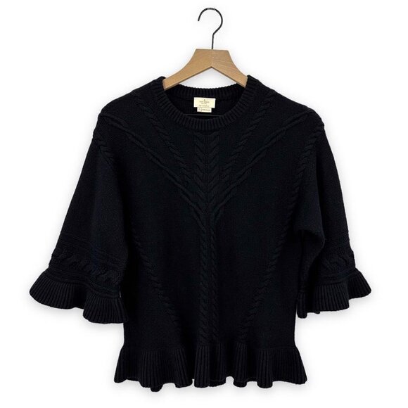Kate Spade Cable Sweater Flounce Hem Wool Black Size Small - Picture 3 of 9